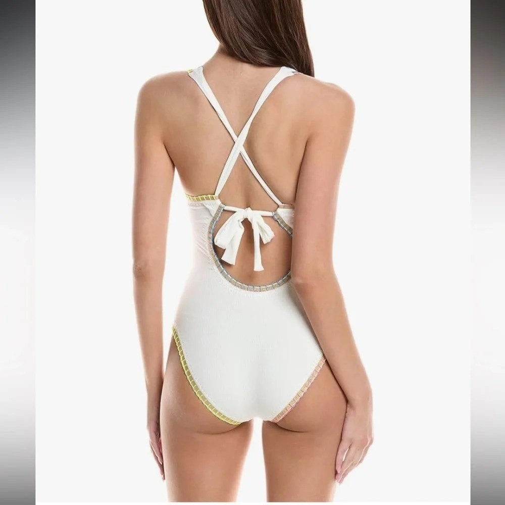 PQ Swim Platinum X Solange Ferrarini Crochet Trim One Piece Swimsuit Small NEW